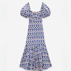 NWT Zara Printed Geometric Midi Dress with a blue, beige, pink pattern. Size L